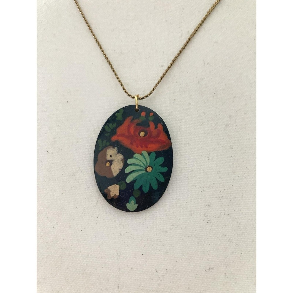 Vintage Hand Painted Floral Pendant Necklace Oval Black Wooden Resin Gold Tone
